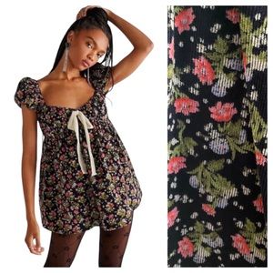 Free People Black Red Green Blue Floral Print Corduroy Gaia Tunic Babydoll Dress